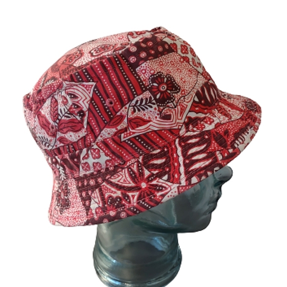 Accessories - Printed Bucket Hat Red Floral Pattern Foldable Roll-up Crushable Patchwork